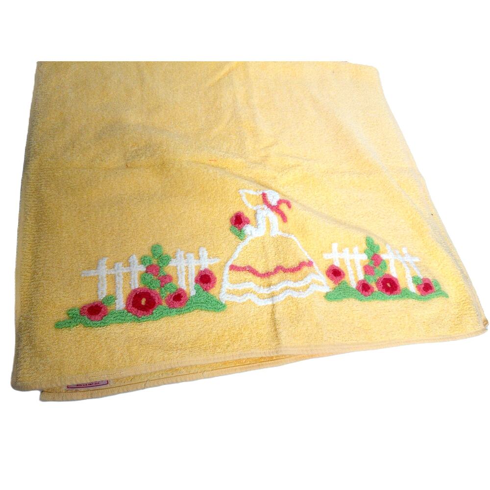 Vintage Martex Bath Towel Yellow Cotton Punch Needle Crinoline Lady Garden Fence